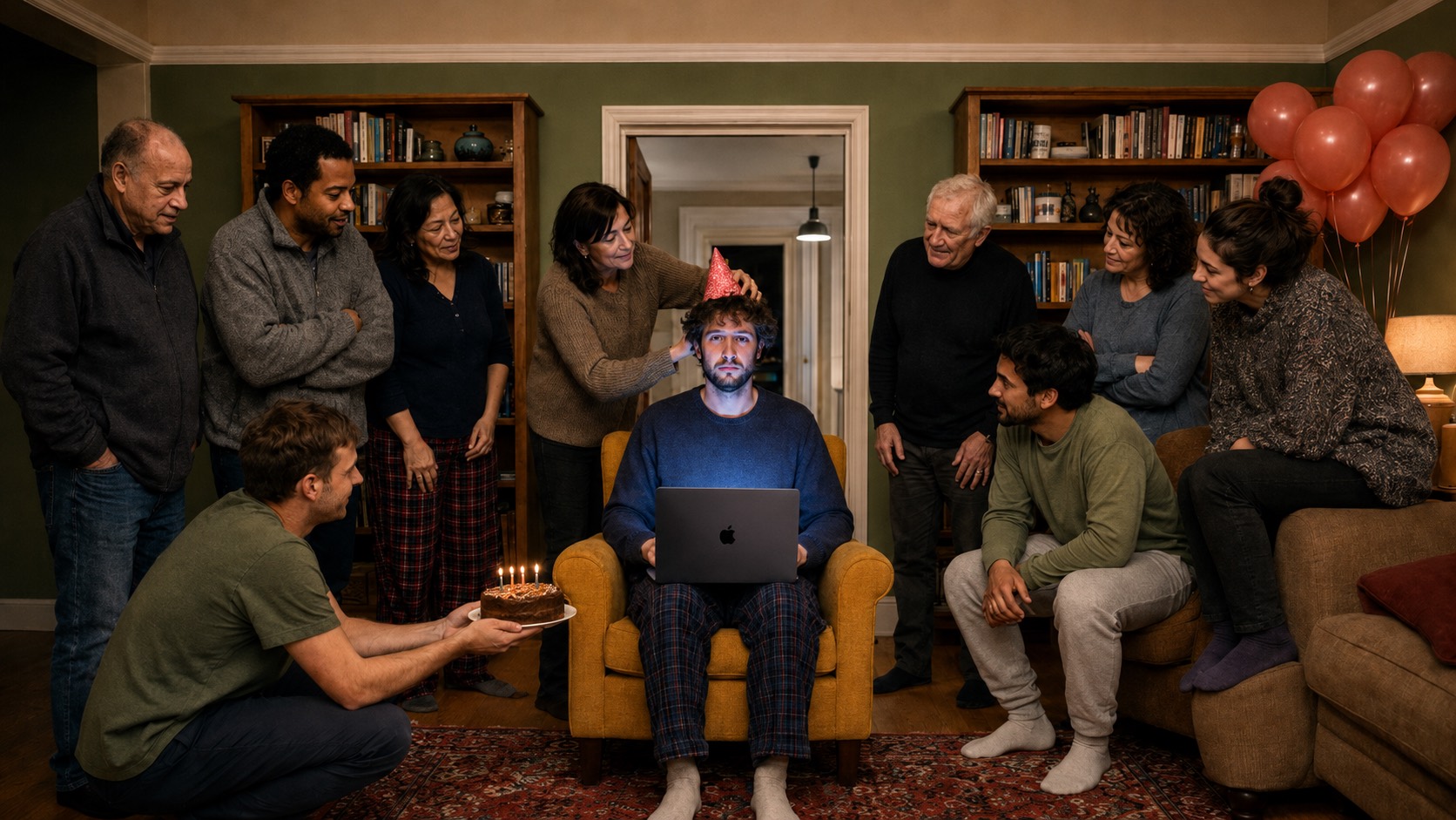 A man sits in an armchair with a laptop open on his lap while his whole family stands around him, one lowering a party hat onto his head and another holding out a lit birthday cake.